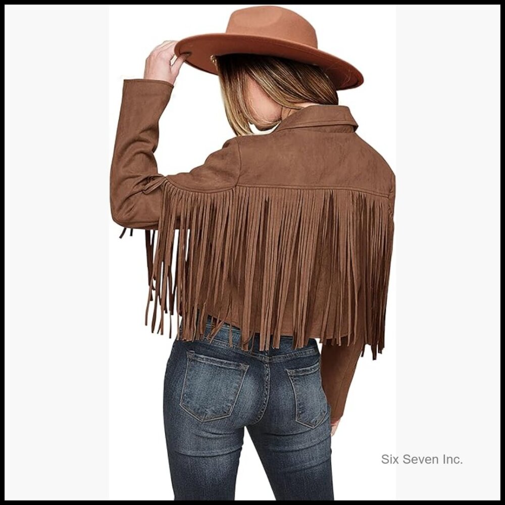 Faux Suede Fringe Cropped Jacket With Tassel Design Long Sleeve